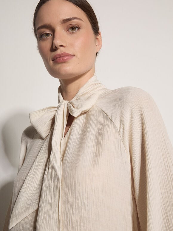 Crinkle Textured Bow Neck Blouse, Stone, large