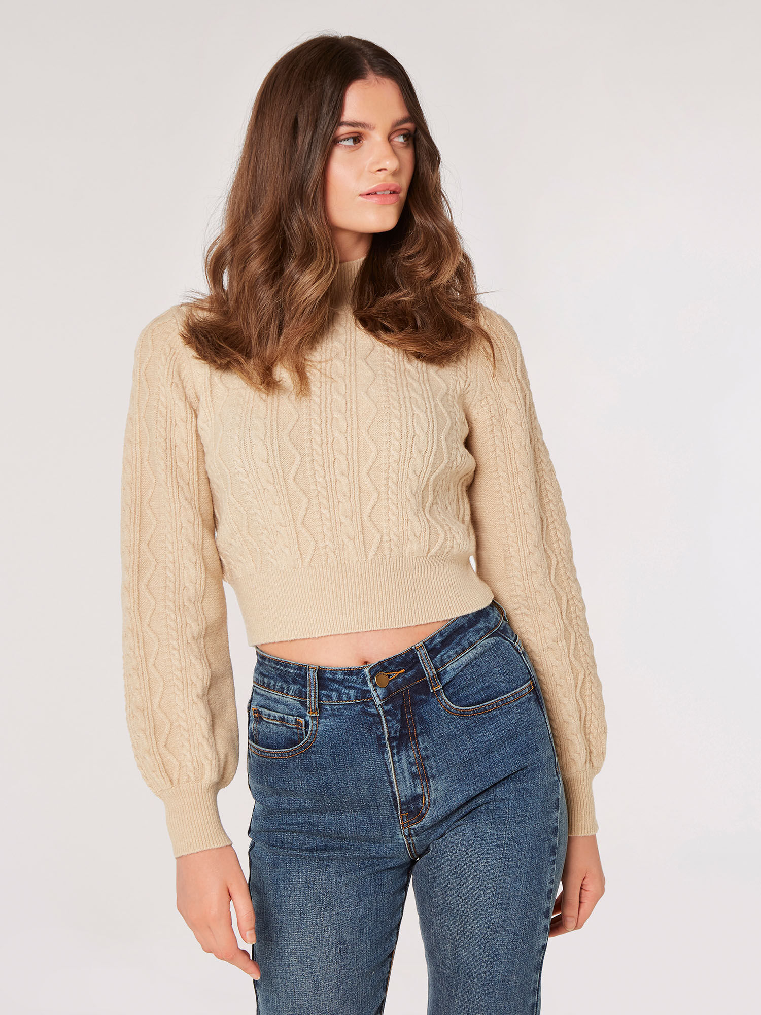 Cropped Cable Knit Aran Jumper Apricot Clothing