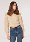 Cropped Cable Knit Aran Jumper, Stone, large