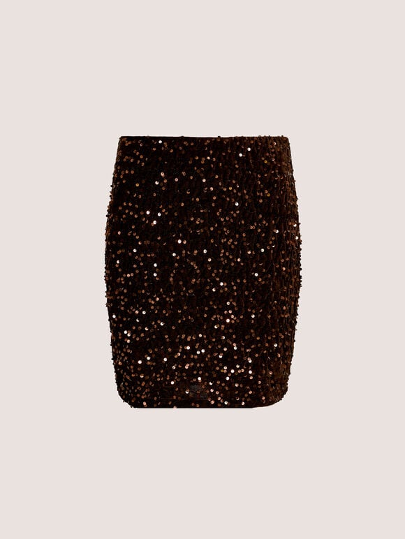Velvet Sequin Bodycon Mini Skirt, Brown, large