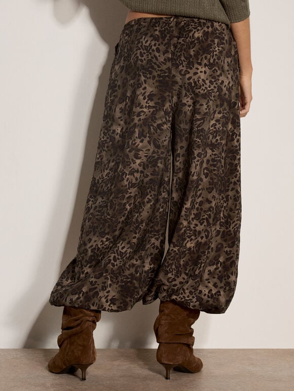 Leopard Print Wide-Leg Woven Trousers, Khaki, large