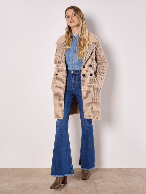 Heritage Check Fluffy Knit Coat, Stone, large