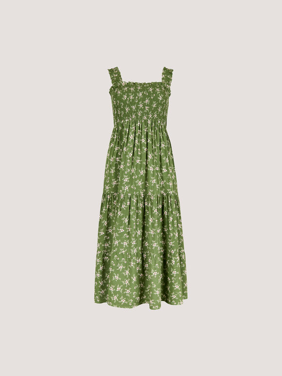 Orchid Print Smocked Midi Dress, Green, large