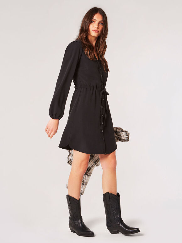 Twill Shirt Mini Dress, Black, large