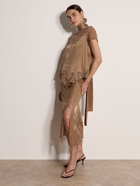 Lace Insert Satin Scarf Top, Gold, large
