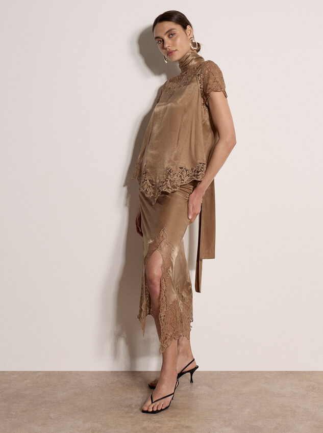 Lace Insert Satin Scarf Top, Gold, large