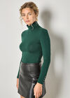 Turtle Neck Button Cuff Top, Green, large