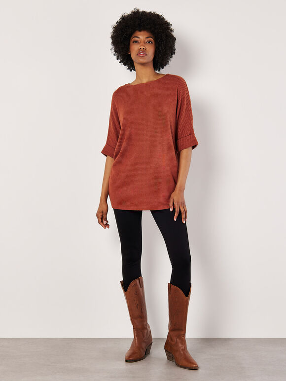 Soft-Touch Batwing Waffle Knit Top, Rust, large