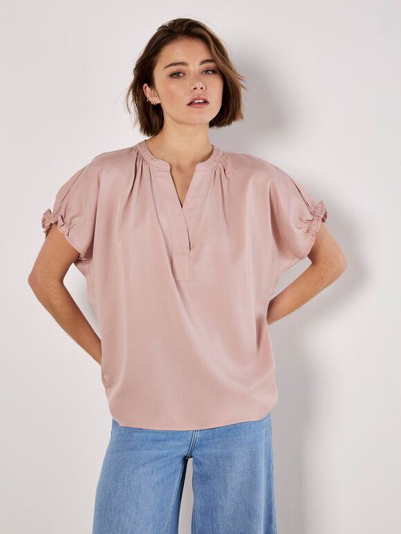 Ruffle Sleeve Woven T-Shirt, Pink, large