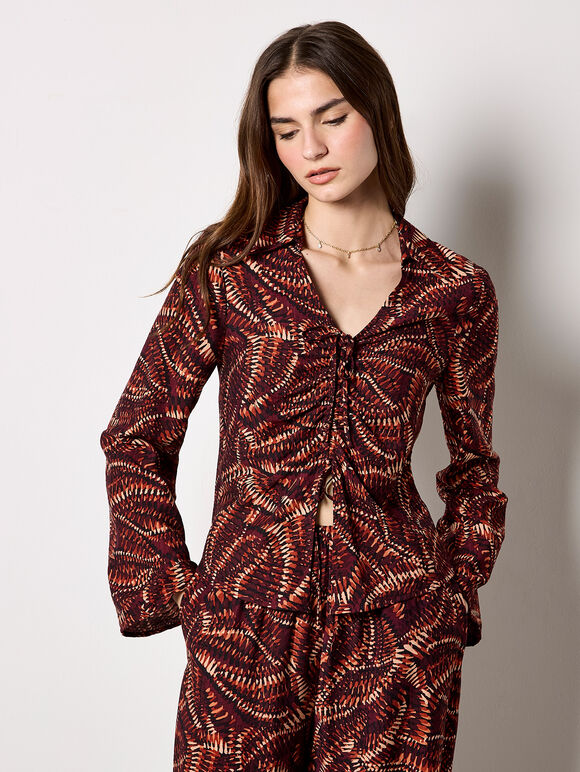 Abstract Print Ruched Front Blouse, Burgundy, large