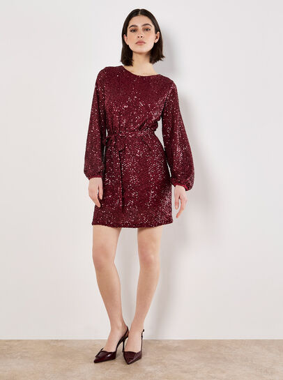 Chevron Sequin Belted Mini Dress
