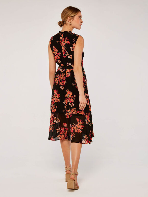 Graphic Floral Wrap Dress, Black, large
