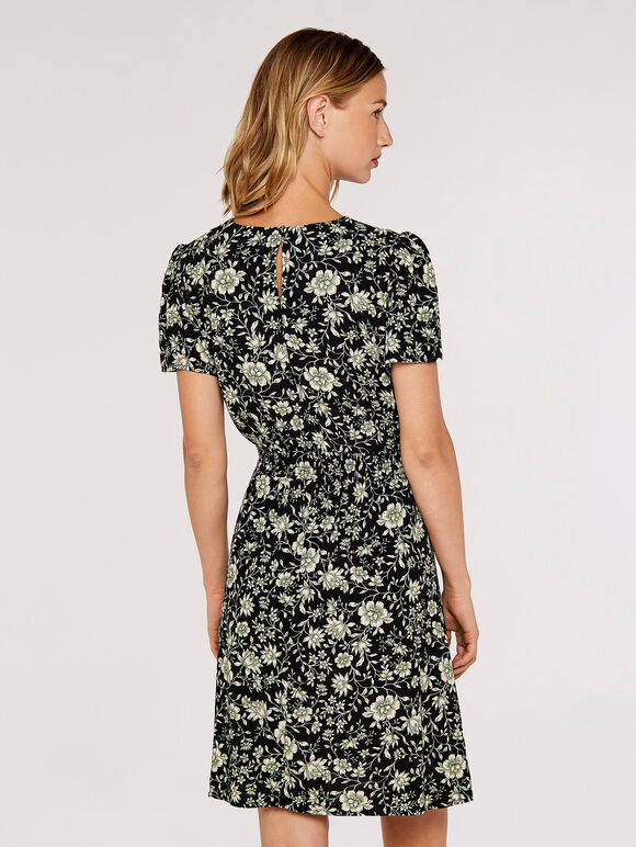 Floral Smock Waist Dress, Black, large