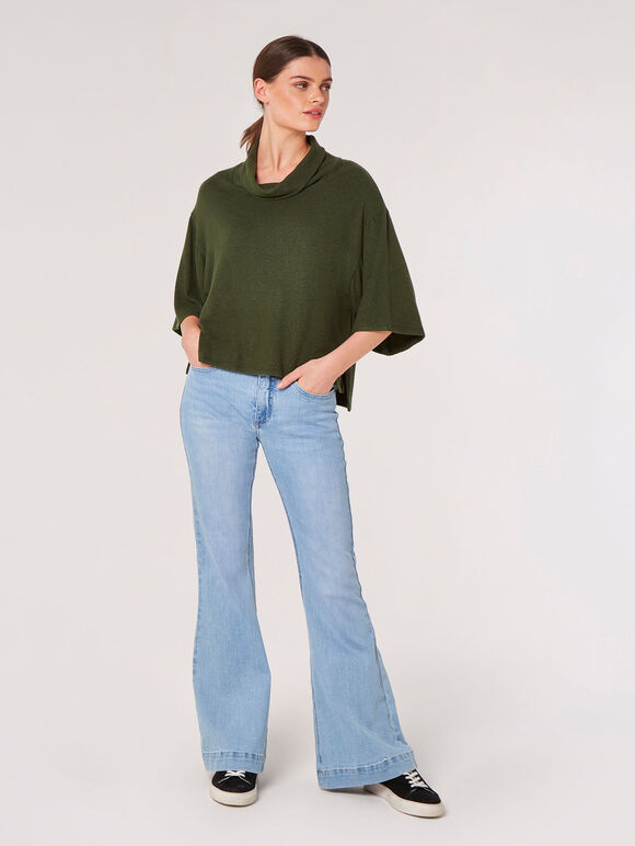 Oversized Cowl Neck Knitted Top, Green, large