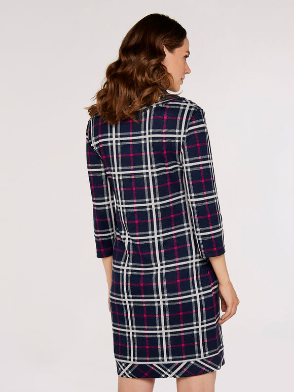 Checked Cowl Neck Dress, Navy, large