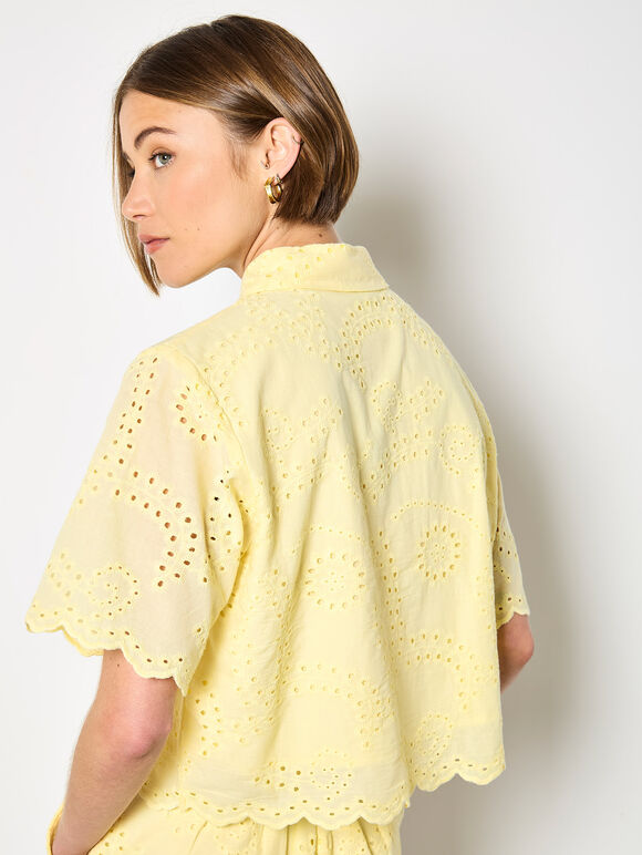 Scalloped Broderie Cropped Shirt, Yellow, large