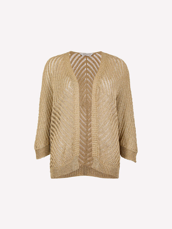 Gold Shimmer Open Knit Cardigan, Mustard, large
