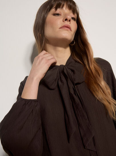 Crinkle Textured Bow Neck Blouse