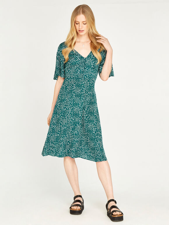 Button Front Polka Dot Tea Dress, Green, large