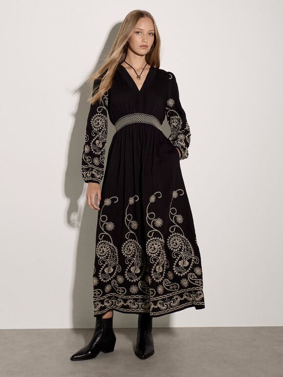 Paisley Embroidered Maxi Dress, Black, large