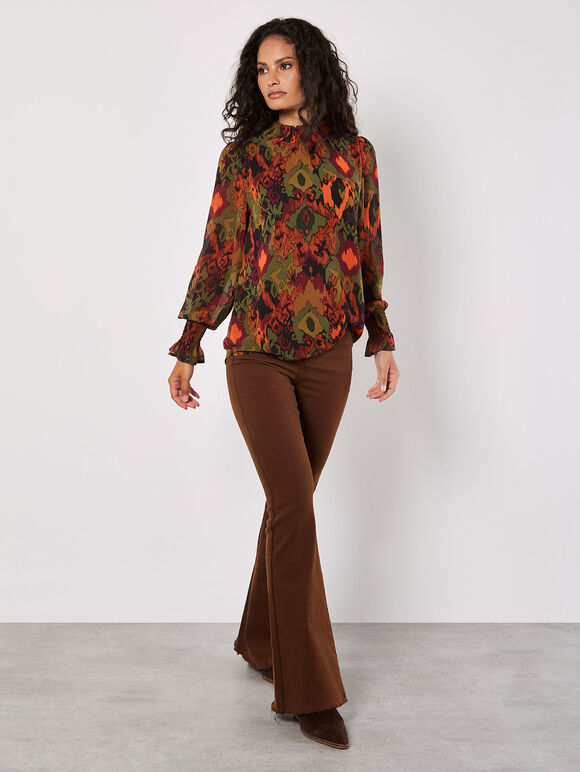 Ikat Print Chiffon Blouse, Khaki, large