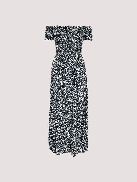 Floral Shirred Maxi Dress, Navy, large