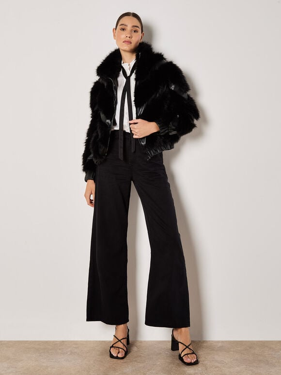 Faux Leather Chevron Fur Jacket, Black, large