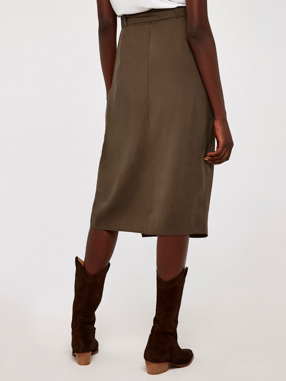 Wrap Buckle Belt Midi Skirt, Brown, large