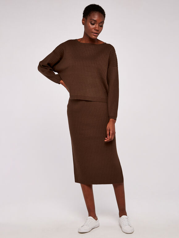 Vertical Rib Slash Neck Jumper, Brown, large