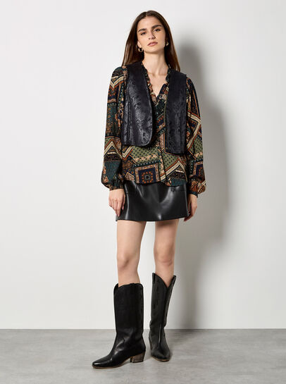 Patchwork Print Ruffle Blouse