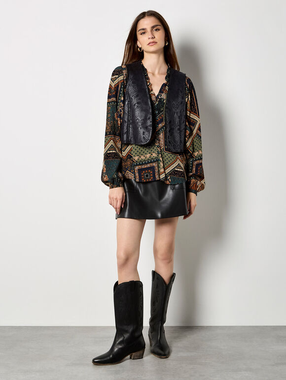 Patchwork Print Ruffle Blouse, Green, large