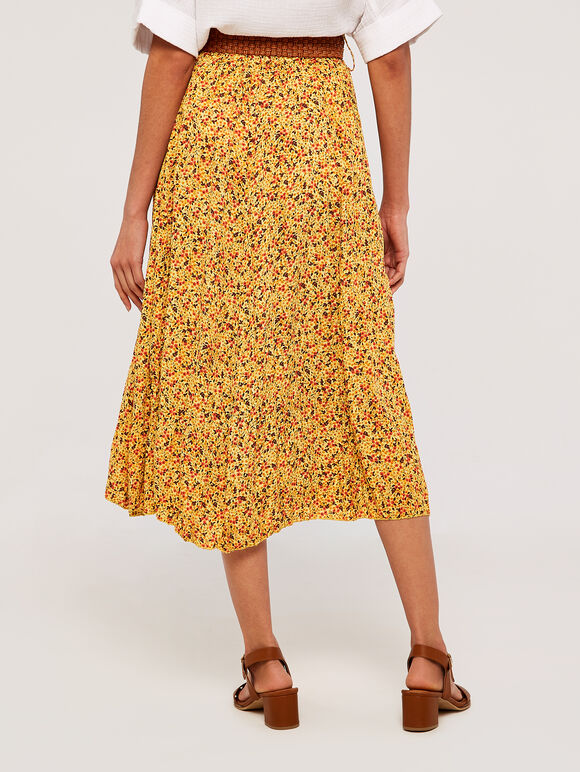 Ditsy Belted Midi Skirt, Yellow, large