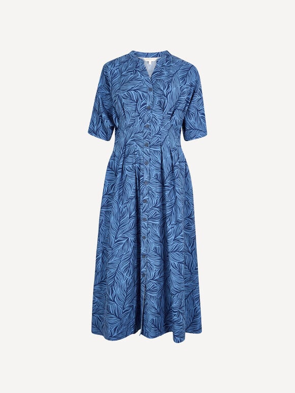 Leaf Print Shirt Midi Dress, Blue, large