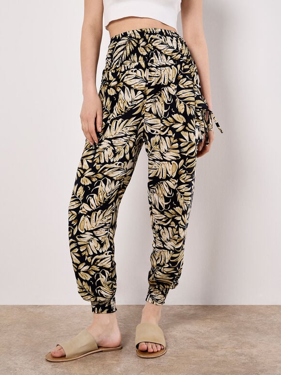 Tropical Leaf Print Tapered Joggers, Navy, large