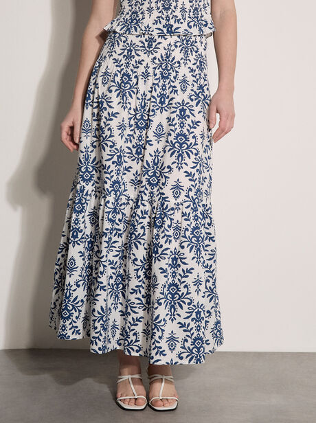 Folk Ikat Print Tiered Maxi Skirt