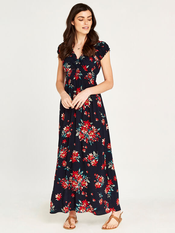 Floral Bunches Smock Maxi Dress, Navy, large
