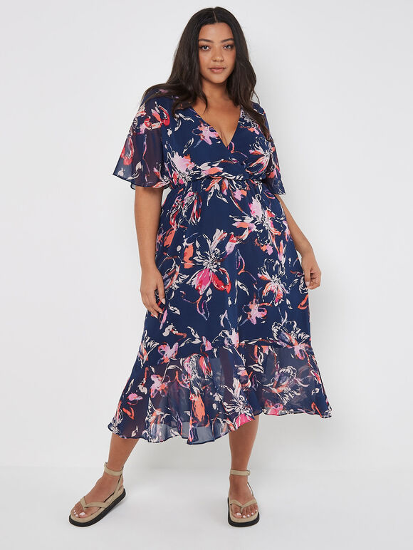 Curve Abstract Floral Wrap Midi Dress, Navy, large