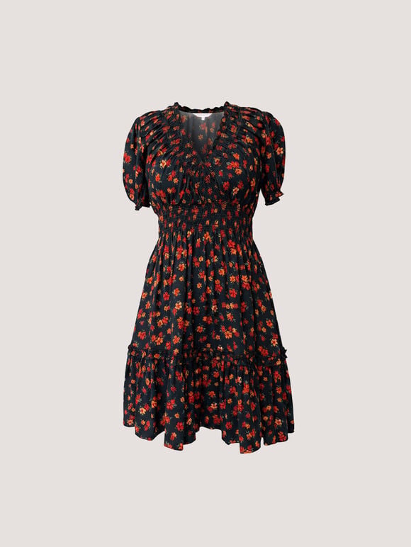 Floral Print Smocked Mini Dress, Black, large