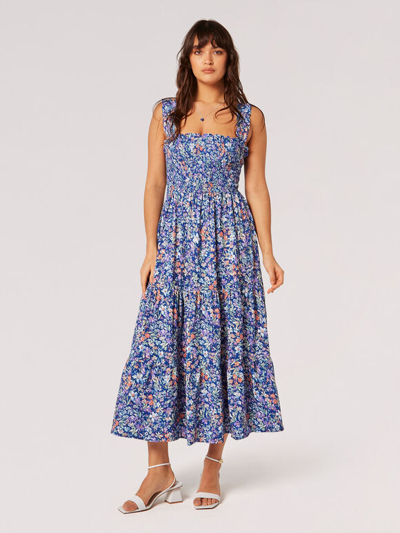 Garden Floral Smocked Midi Dress, Blue, large