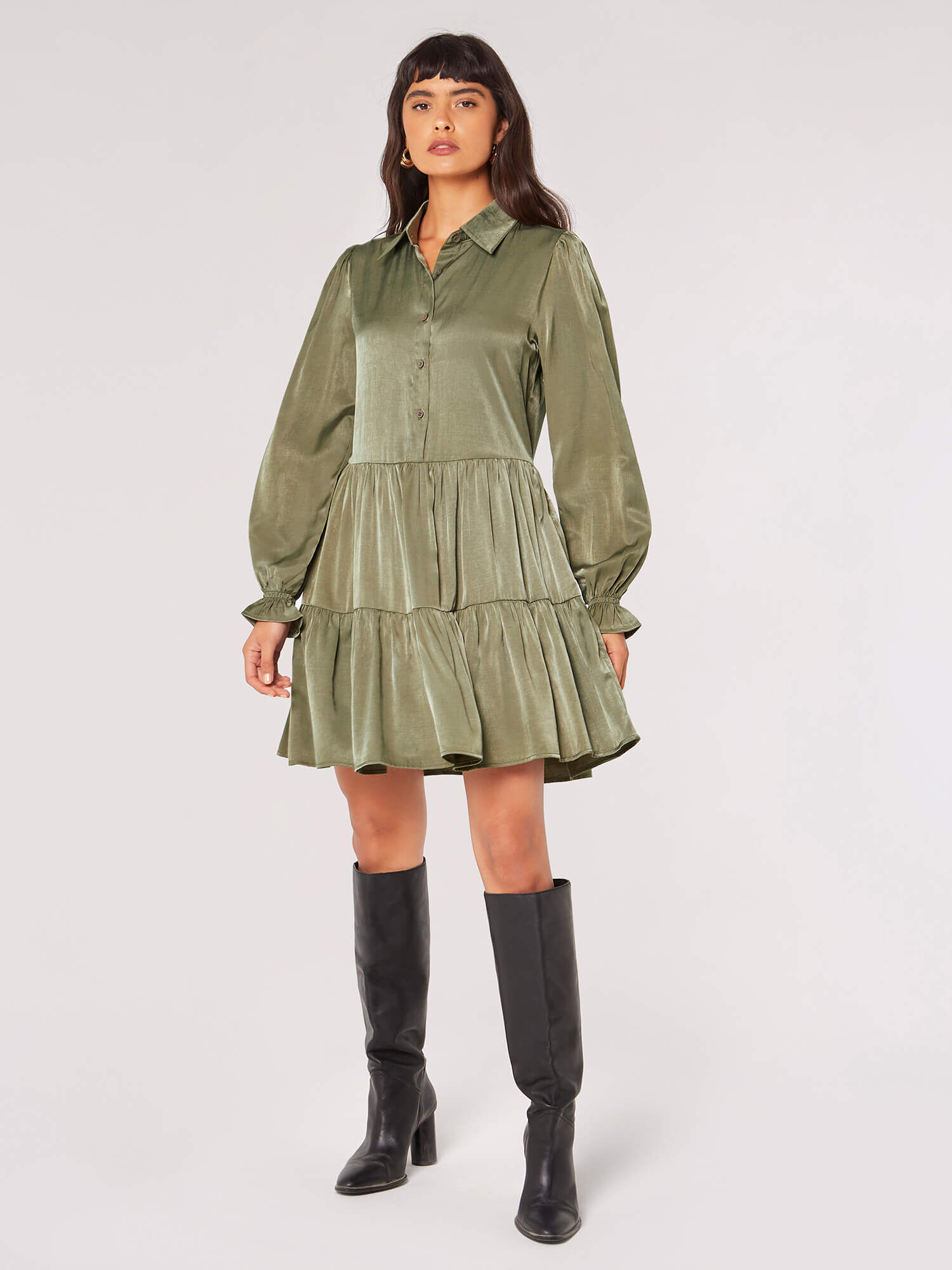 Khaki satin shirt dress best sale