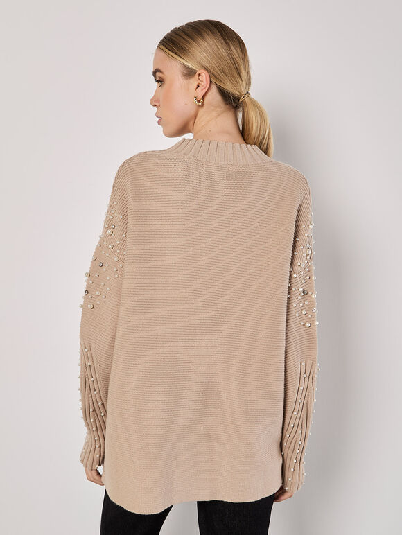 Pearl Gemstone Embellished Jumper, Brown, large