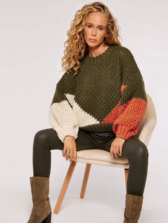 Colourblock Chunky Knit Jumper, Khaki, large