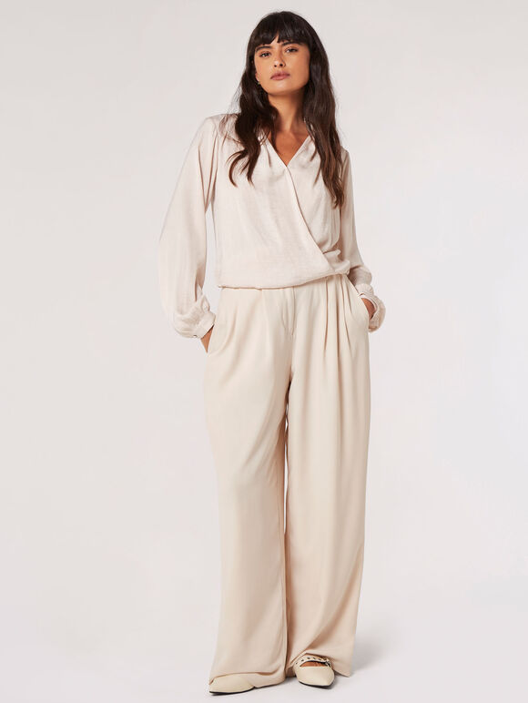 Textured Satin Wrap Top, Stone, large