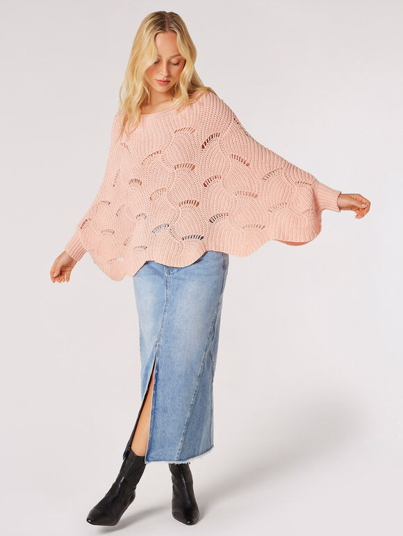 Swirl Knit Poncho Jumper, Coral, large