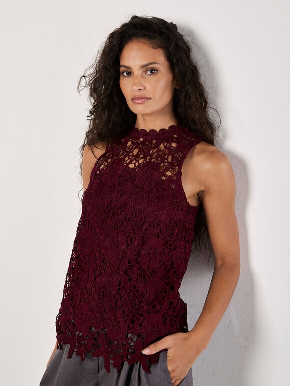 Guipure Floral Lace Top, Burgundy, large