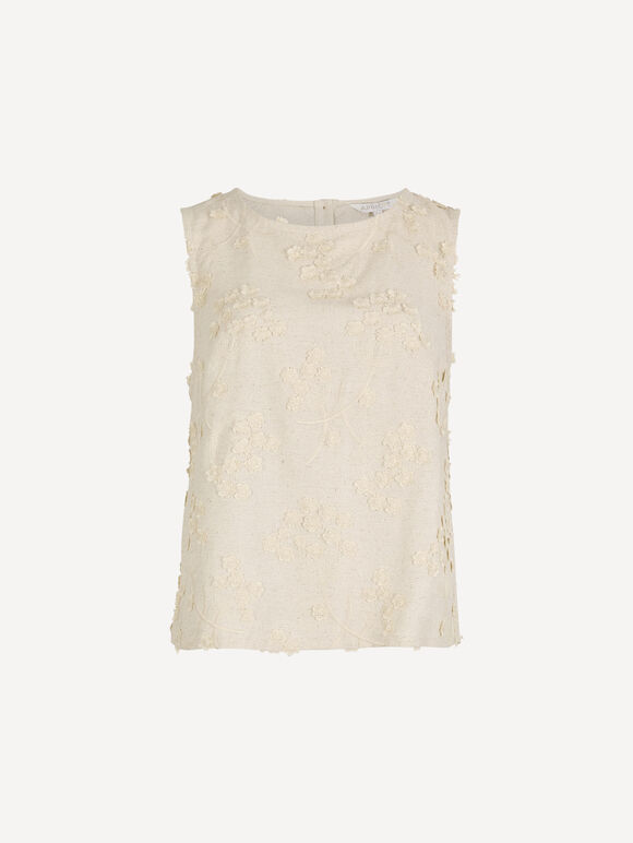 Embroidered Floral Linen Blend Shell Top, Stone, large