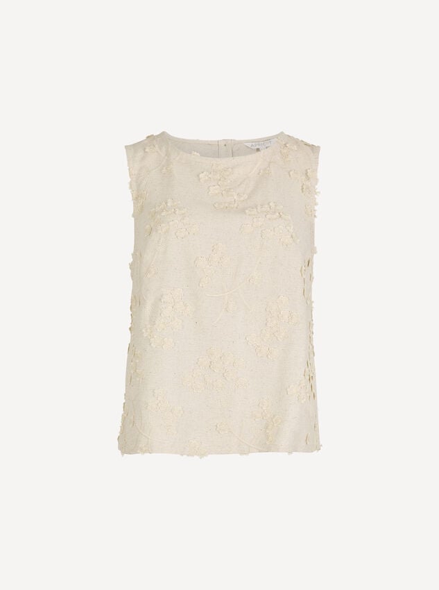 Embroidered Floral Linen Blend Shell Top, Stone, large