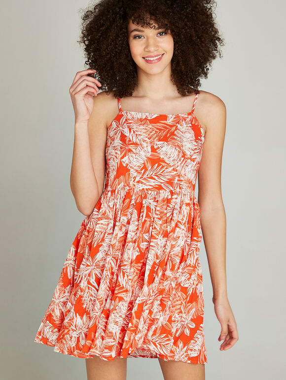 Orange Sketched Palm Lapis Cami Dress, Orange, large