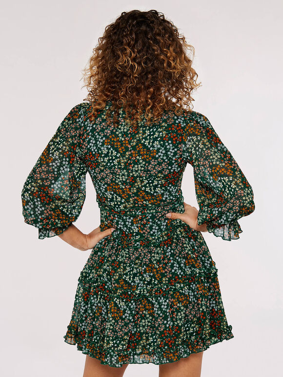 Ditsy Ruffle Mini Dress, Green, large
