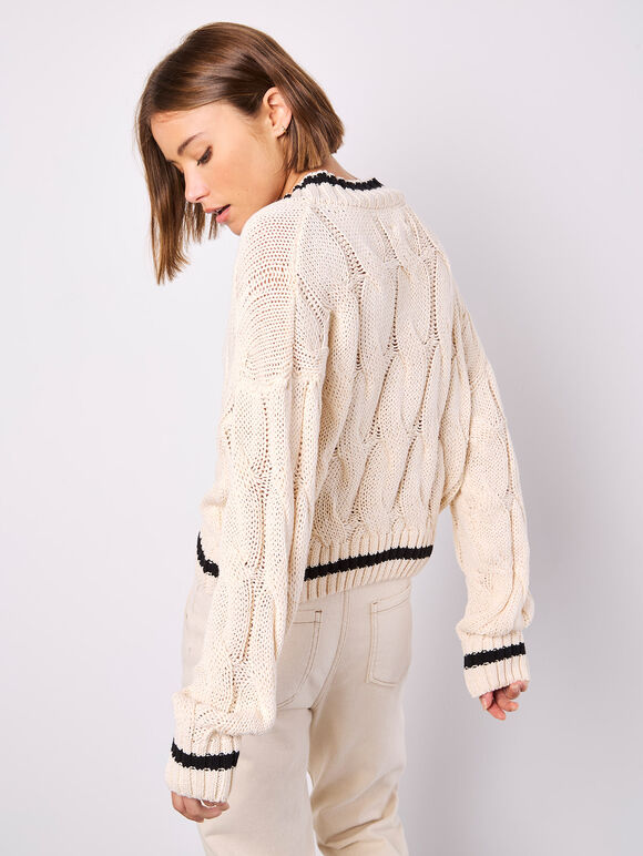 Cropped Cable Cricket Jumper, Stone, large